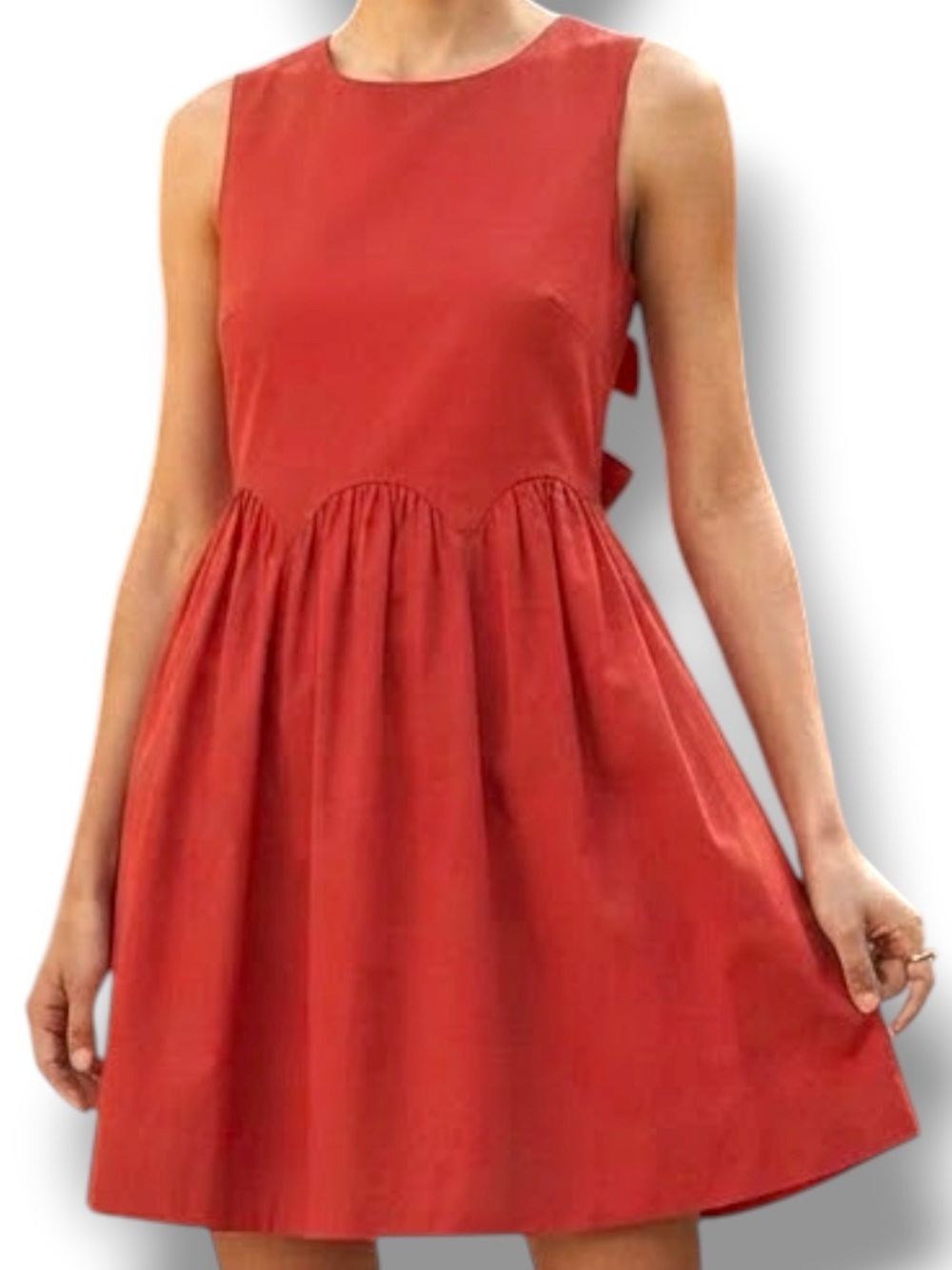 Anthropologie Maeve NWOT Red Bow-Back Scallop Waist High Neck Mini Dress Size L